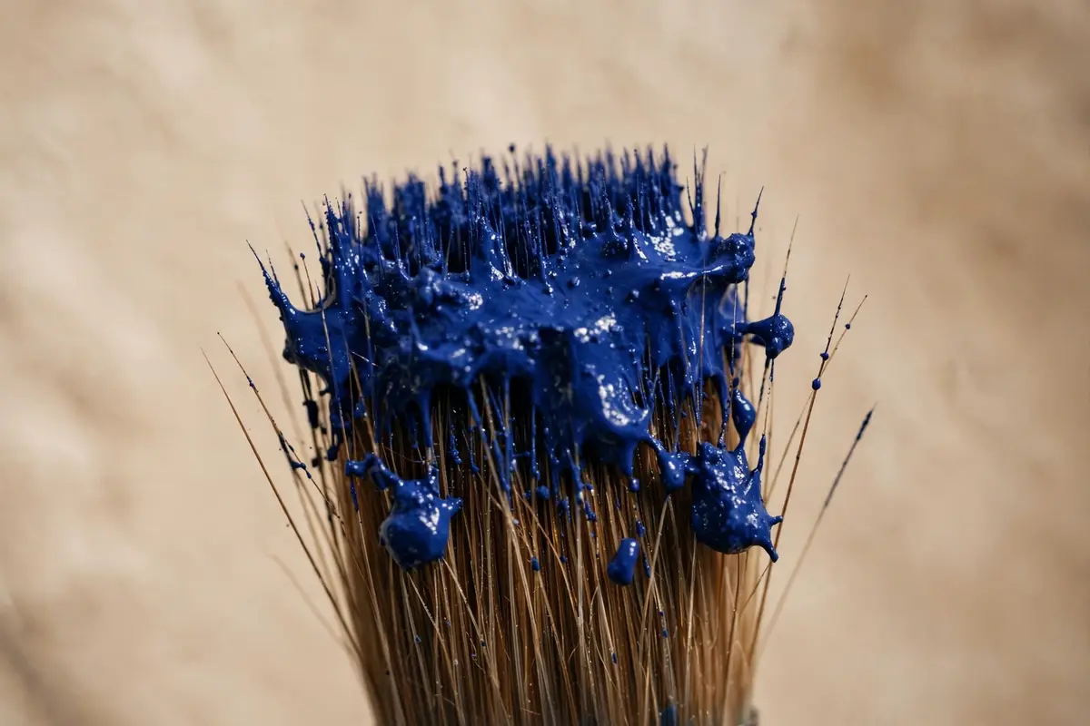 Paintbrush bristles loaded with thick ultramarine paint
